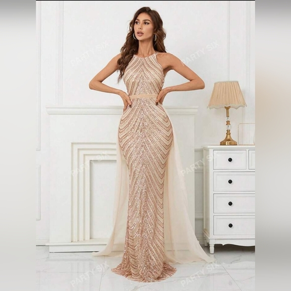 Glamorous Backless Sequin Gown - Champagne - Picture 7 of 16